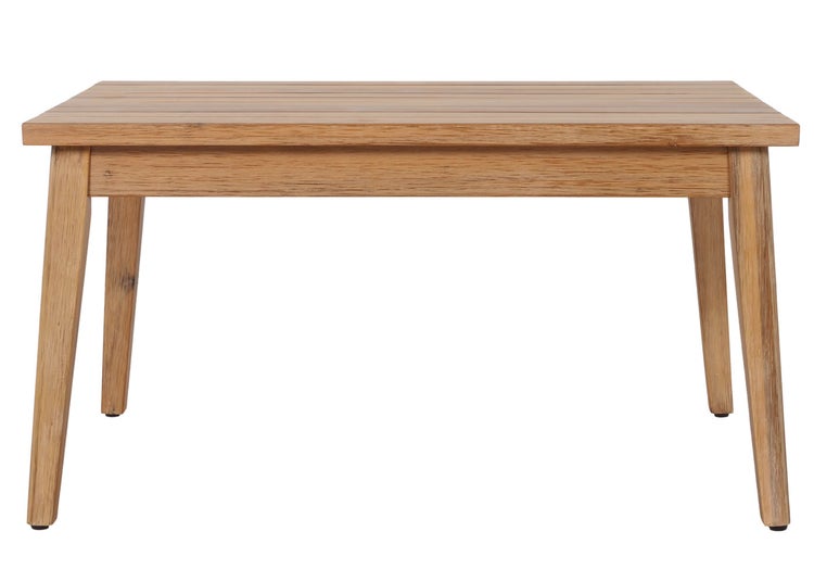 Rechteckiger Gartentisch aus Holz mit Tischplatte aus Holzlatten und vier schräg ausgestellten Beinen.