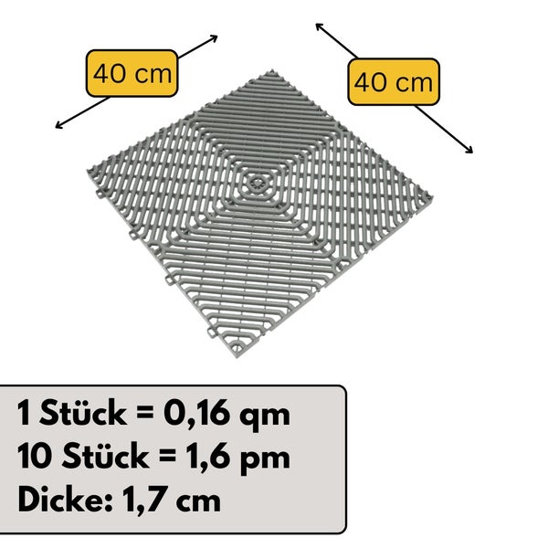 Graue Bodenfliese aus Kunststoff mit Gitterstruktur, 40 mal 40 Zentimeter, Dicke 1,7 Zentimeter, Fläche 0,16 Quadratmeter.