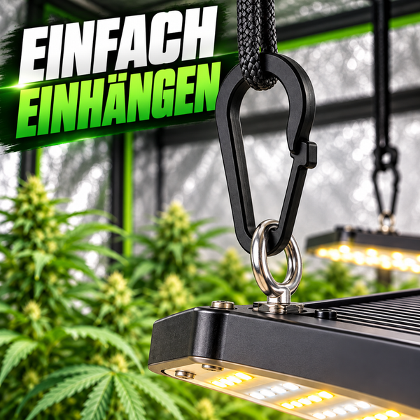 LED Pflanzenlampe mit Karabinerhaken zur einfachen Aufhängung im Gewächshaus