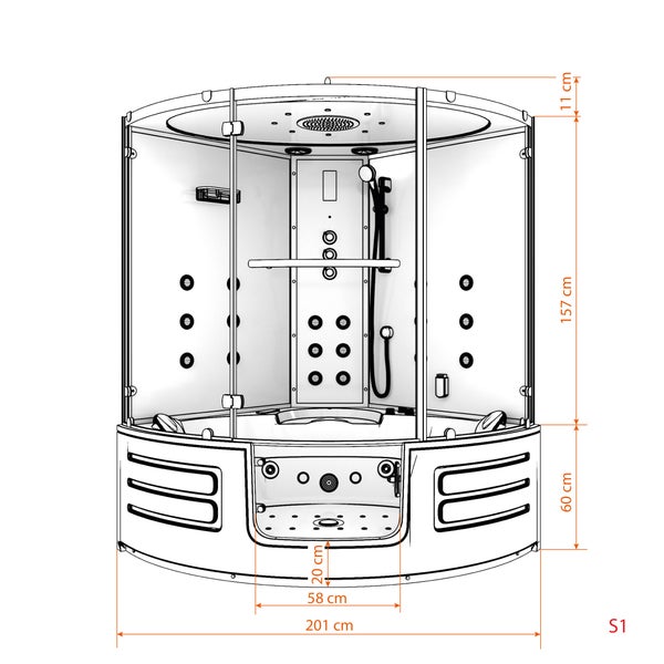 Technische Zeichnung einer Dampfduschkabine mit Whirlpool-Badewanne und Maßangaben: Breite 201 Zentimeter, Gesamthöhe 228 Zentimeter.