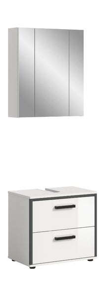 Badezimmermöbel-Set bestehend aus einem dreitürigen Spiegelschrank und einem Waschbeckenunterschrank mit zwei Schubladen und schwarzen Griffen.