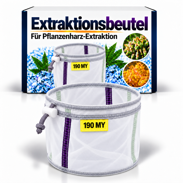 Zwei weiße Extraktionsbeutel für Pflanzenharz mit einer Maschenweite von 190 Mikrometer und integriertem Kordelzug vor der Produktverpackung.