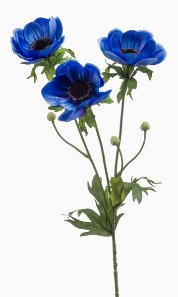 Künstlicher Anemonenzweig mit drei blauen Blüten, Knospen und grünen Blättern.