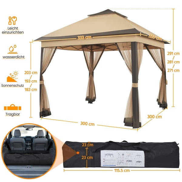 Abbildung eines Pavillons mit Maßen und Transporttasche