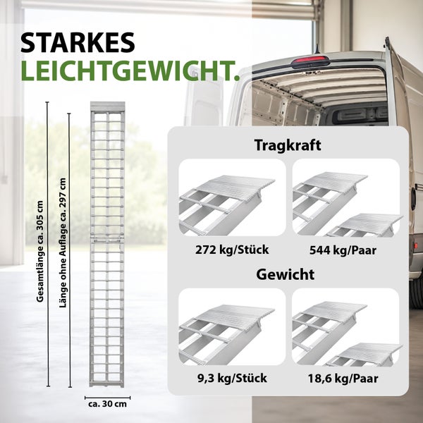 Auffahrrampe aus Aluminium, 305 Zentimeter Gesamtlänge, 30 Zentimeter Breite, 272 Kilogramm Tragkraft pro Stück, 9,3 Kilogramm Eigengewicht.