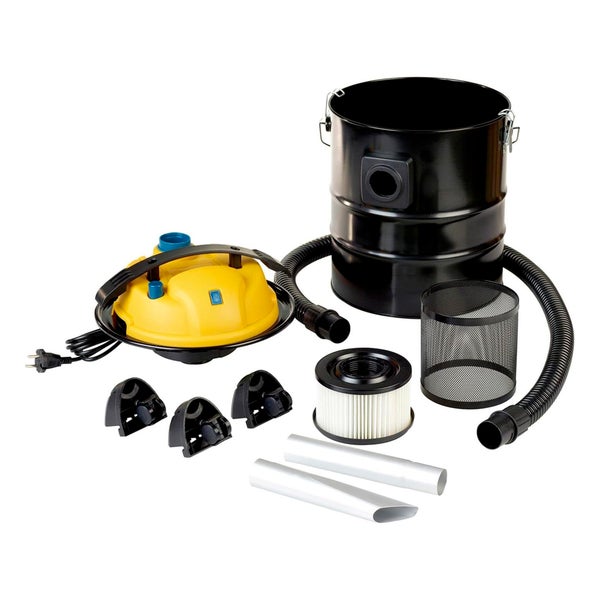 Aschesauger mit schwarzem Metallbehälter, gelbem Motorkopf, Saugschlauch, Faltenfilter, Metallfilterkorb, drei Rollen und zwei Aluminium-Saugrohren.