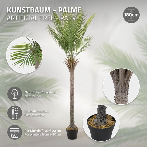 ML-Design Künstliche Palme 180 cm, Künstliche Pflanzen groß, Tropische Kunstpalme, Kunstpflanze, Fake Plant Deko, Plastik Pflanze im Topf für Indoor/Outdoor, Kunstbaum wie echt für Wohnzimmer Büro