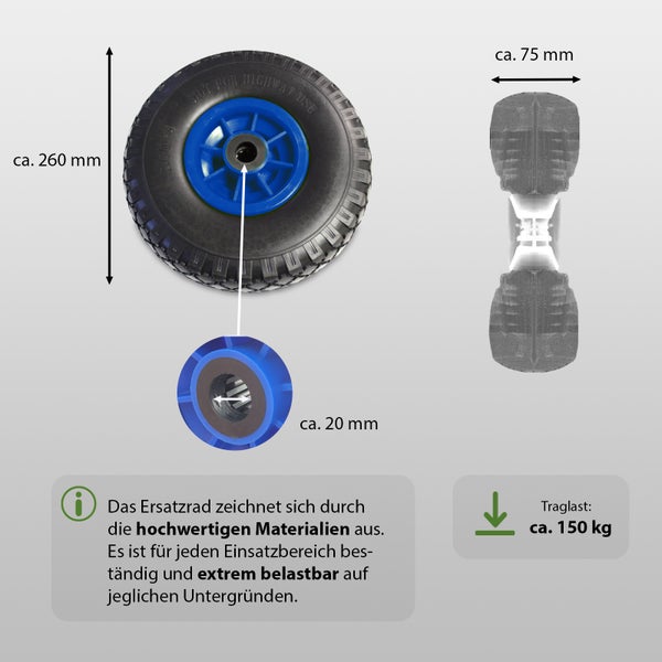 Ersatzrad für Sackkarre mit circa 260 Millimeter Durchmesser, 75 Millimeter Breite und 20 Millimeter Achsdurchmesser, Traglast circa 150 Kilogramm.