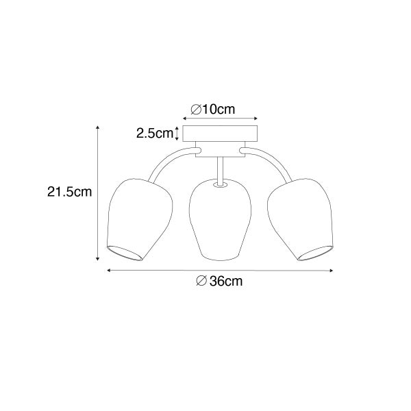 Technische Zeichnung einer Deckenleuchte mit drei Leuchten und Maßangaben.