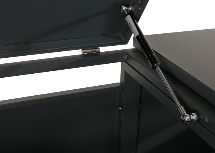 Gasdruckfeder an einer Aufbewahrungsbox aus Metall für komfortables Öffnen des Deckels.