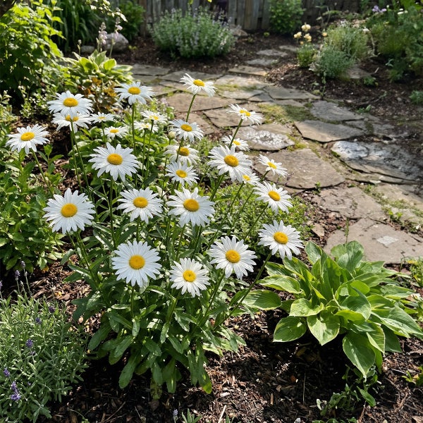 Helles Gartenbeet mit blühenden Margeriten und einer Funkie neben einem Steinpfad.
