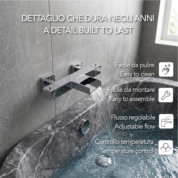 Wandmontierte Wannenarmatur mit Schwallauslauf, einfach zu reinigen und zu montieren, mit regulierbarem Wasserdurchfluss und Temperaturregelung.