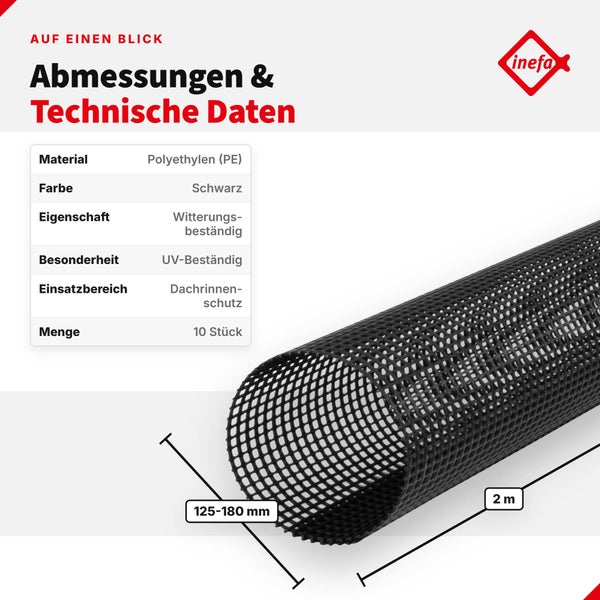 Technische Daten und Maße zum Inefa Dachrinnenschutz aus Polyethylen für einen Rinnendurchmesser von 125 bis 180 Millimeter und 2 Meter Länge