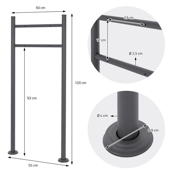 Grauer Doppelstab-Briefkastenständer mit Maßangaben: Gesamthöhe 120 Zentimeter, Breite oben 50 Zentimeter, Pfostendurchmesser 4 Zentimeter.