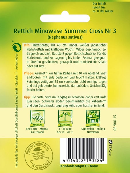 Rückseite der Saatgutpackung Rettich Minowase Summer Cross Nummer 3 mit Anbauhinweisen zu Aussaat, Keimung und Ernte.