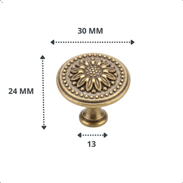 Möbelknopf aus Metall in Messing-Antik mit Blumenmuster, Durchmesser 30 Millimeter, Höhe 24 Millimeter, Fuß 13 Millimeter.