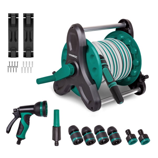 VONROC Kompletter Schlauchtrommel-Set | Inkl. 10m Gartenschlauch, 3 Sprühdüsen, Kupplungen und Hahnanschluss