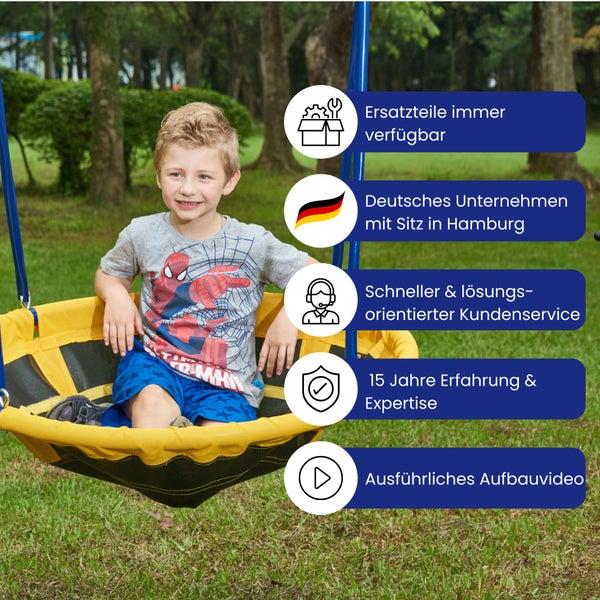 Junge sitzt in einem Nestschaukel im Garten. Textfelder heben hervor: Ersatzteile immer verfügbar, deutsches Unternehmen mit Sitz in Hamburg, schneller und lösungsorientierter Kundenservice, 15 Jahre Erfahrung und Expertise, ausführliches Aufbauvideo.