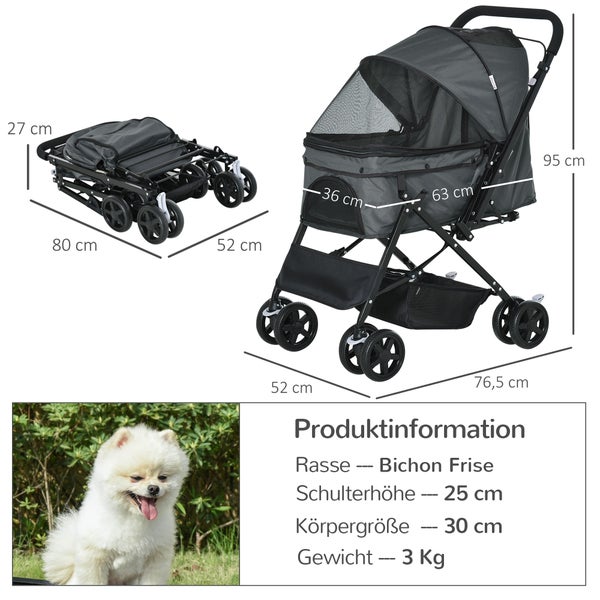 PawHut Hundebuggy, 76,5L x 52B x 95H cm, Stahl, Oxford-Gewebe, Dunkelgrau