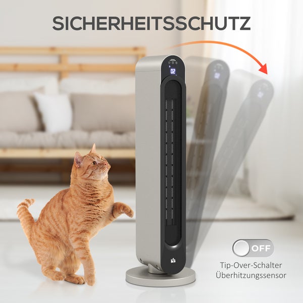 Keramik-Turmheizgerät mit Umkippschutz und Überhitzungssensor, dargestellt mit einer Katze in einem Raum.