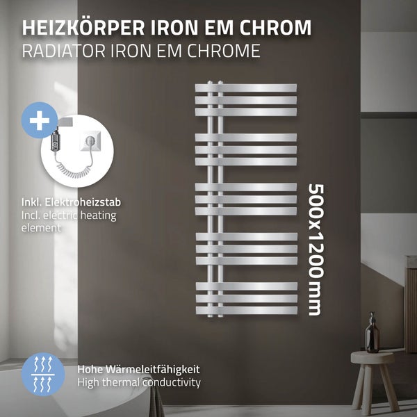 ECD Germany Iron EM Design Badheizkörper Elektrisch mit Heizstab 900 W - 500 x 1200 mm - Chrom - Designheizkörper Paneelheizkörper Heizkörper Handtuchwärmer Handtuchtrockner