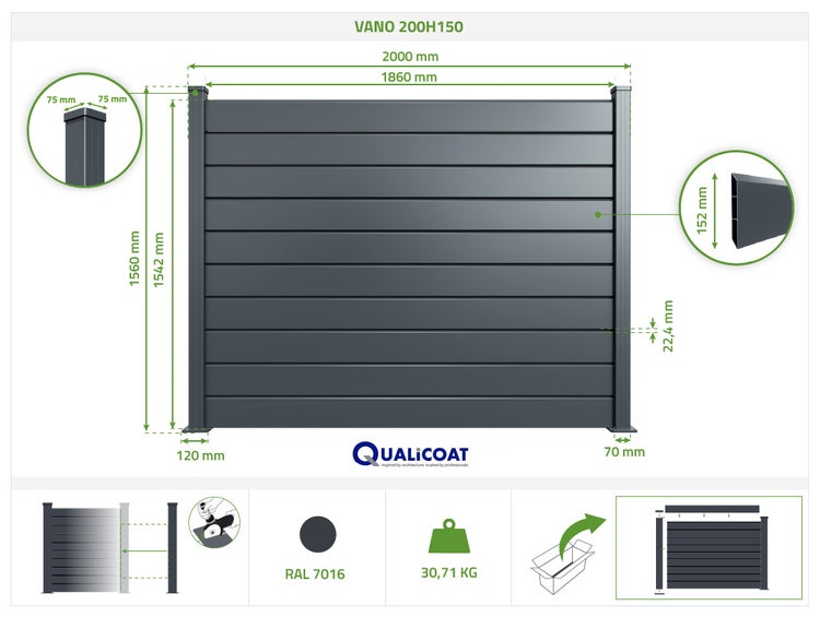 Maßzeichnung Aluminium-Zaunfeld VANO 200H150, Höhe 1560 Millimeter, Breite 2000 Millimeter, 30,71 Kilogramm, Farbe RAL 7016 und QUALICOAT Logo.