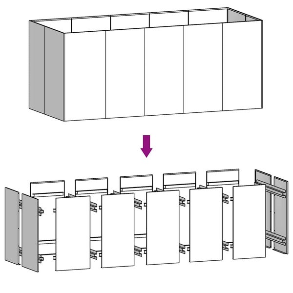 Technische Zeichnung eines modularen Hochbeets mit Darstellung der Montage von vertikalen Paneelen durch ein Stecksystem.