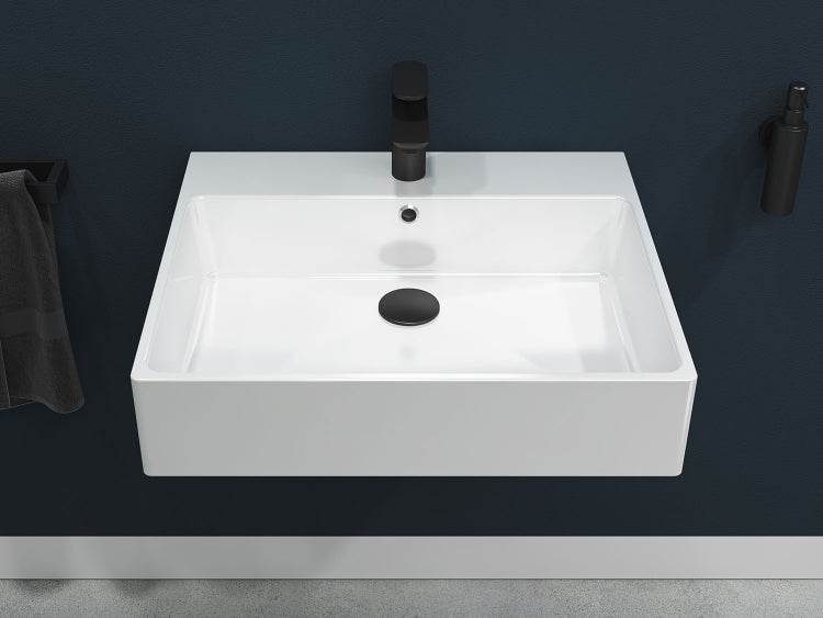 Aqua Bagno Solo Waschtisch 60x50 cm Weiß Hochglanz – Keramik Waschbecken mit Hahnloch & Überlauf, Wandmontage | Modernes Bad