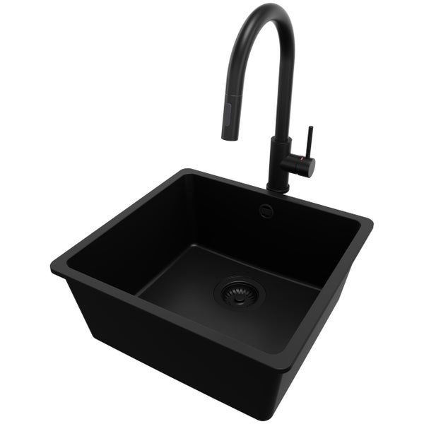 PRIMAGRAN Granitspüle Alles Schwarz 46x44cm, Spülbecken 1 Becken + Küchenarmatur 40x20cm + Ablauf-Set, Küchenspüle ab 50er Unterschrank - Venedig Slim Easy