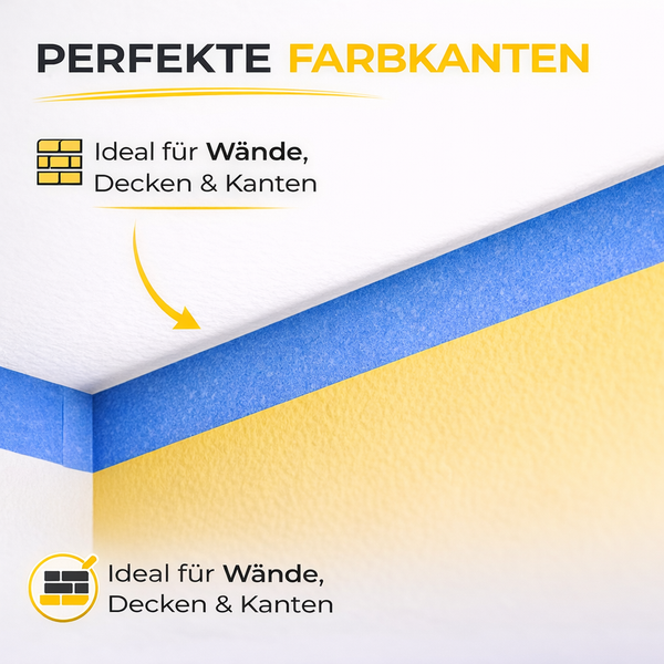 Blaues Malerkrepp an einer Kante zwischen Wand und Decke für präzise Farbkanten bei Wänden, Decken und Kanten.