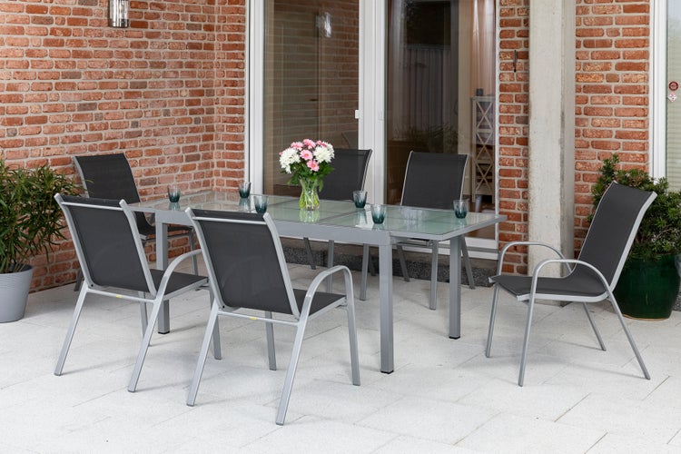 Sorrento Gartenmöbelset 7tlg., Stapelsessel, Ausziehtisch 120 (180) x 90 cm, anthrazit