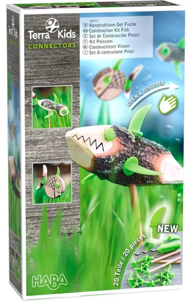 HABA 1306310001 - Terra Kids Connectors, Konstruktions-Set Fische, Naturmaterialien-Bauset, 20 Teile 1 Handbohrer (Durchmesser 6 mm), 3 Rundstäbe, 16 Connectors, 1 Anleitung.