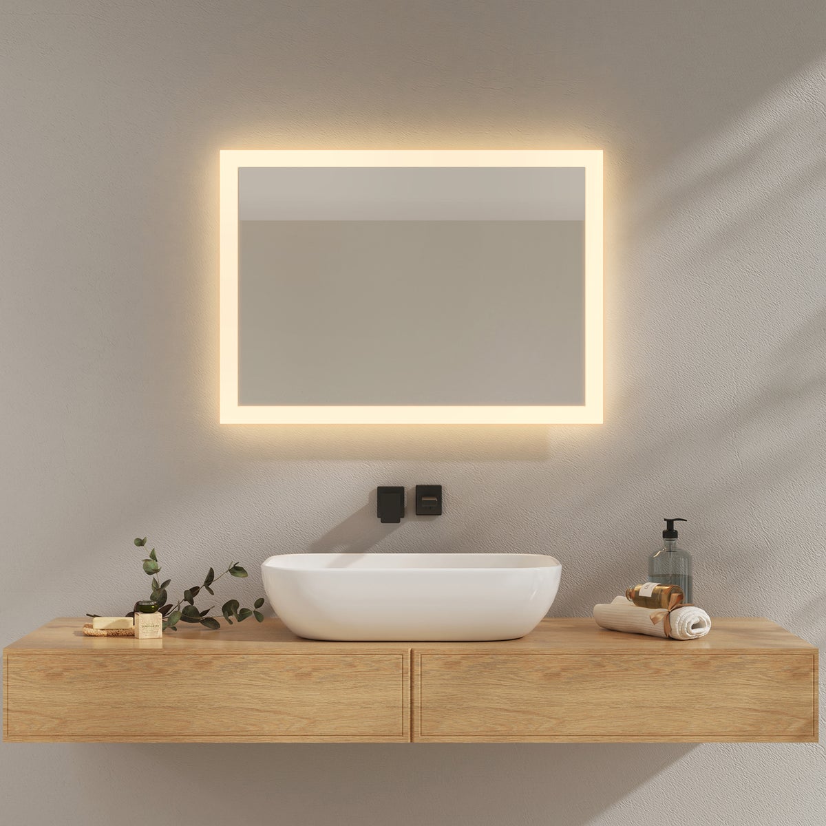 EMKE Badspiegel mit Beleuchtung, 70x50cm, Kaltweißes Licht