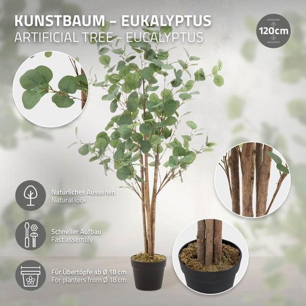 ML-Design Künstliche Eukalyptus 120 cm, Künstliche Pflanzen groß, Kunstpflanze mit Naturholzstamm, Fake Plastikpflanzen im Topf, Deko für Drinnen und Draußen, Kunstbaum wie echt für Wohnzimmer Büro