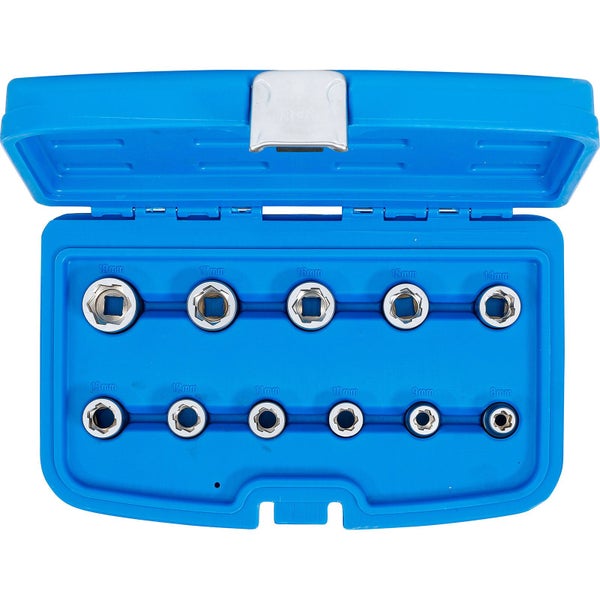 Steckschlüsseleinsatz Set in geöffnetem, blauem Gehäuse mit verschiedenen Größen