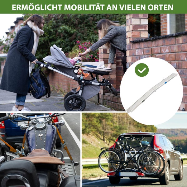 Mehrzweck-Auffahrrampe aus Aluminium zur Unterstützung von Mobilität bei Kinderwagen, Motorrädern und Fahrrädern an verschiedenen Orten.