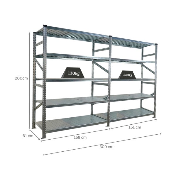 Metallregal mit fünf Ebenen und Maßangaben