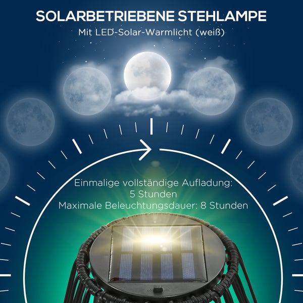 Outsunny Solarleuchte, Rattan Solarlampe, Wasserdichte Wegleuchte mit Lichtsensor, Automatische LED Gartenlampe mit Trommel-Design, für Balkon, Terrasse, Hof, Stahl, Schwarz