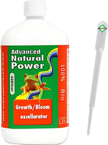 Advanced Natural Power Growth Bloom Excellarator 1 Liter, biologischer Pflanzenzusatz für Wachstum und Blüte, inklusive Pipette, Weedness Logo.