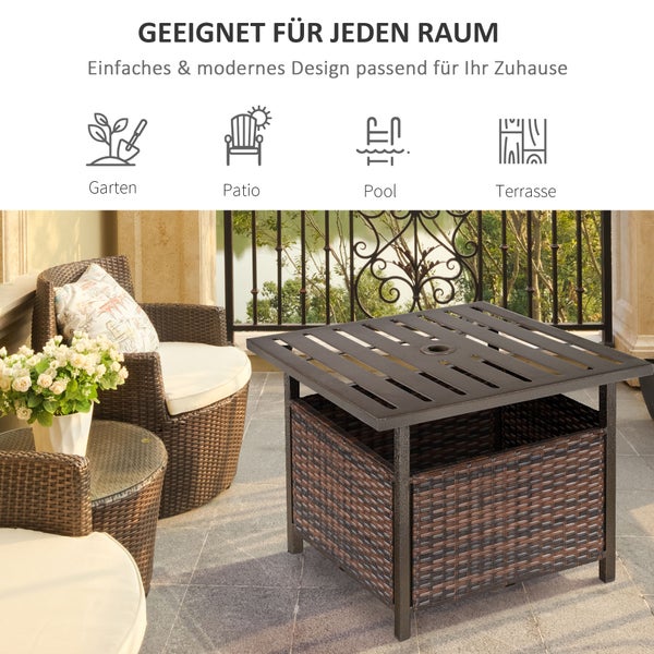 Outsunny Rattantisch Gartentisch Terrassentisch Kaffeetisch mit Schirmloch Perfekt für Garten Balkon Terrasse 55,5 x 55,5 x 46 cm Braun