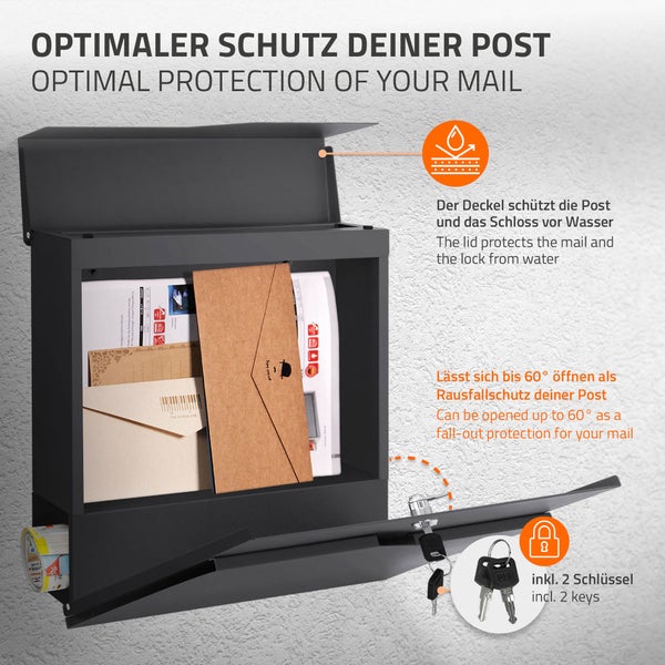 Geöffneter Briefkasten mit wasserabweisendem Deckel und zwei Schlüsseln