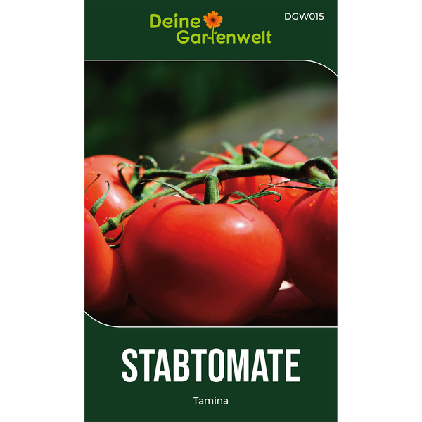 Deine Gartenwelt Logo, Samenpackung für Stabtomate Tamina mit Abbildung reifer Tomaten am Zweig.