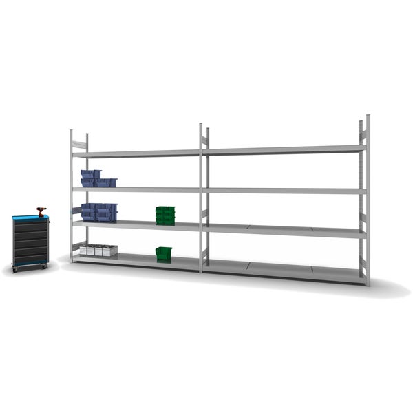 PROREGAL Weitspannregal Stecksystem T-Profil Grundregal HxBxT 250x250x50 cm 4 Ebenen Stahlplatten Fachboden Fachlast 350 kg Verzinkt