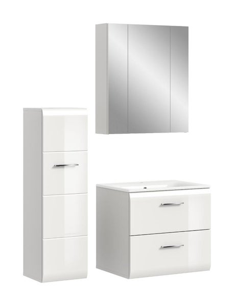Badezimmermöbel-Set bestehend aus Waschbeckenunterschrank mit zwei Schubladen, Spiegelschrank mit drei Türen und einem Hochschrank.
