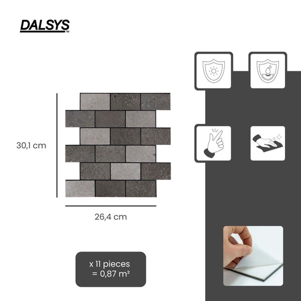 Dalsys Logo, selbstklebende Wandfliesen in Steinoptik, 30,1 mal 26,4 Zentimeter, 11 Stück für 0,87 Quadratmeter, UV-beständig, wasserfest.