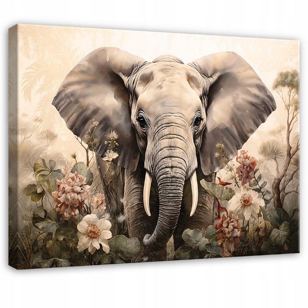 Wandbild auf Leinwand mit einem Elefanten inmitten von Blumen und Dschungelpflanzen.