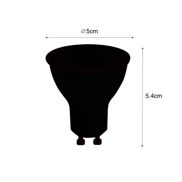 LED-Leuchtmittel GU10 mit Maßen: Durchmesser 5 Zentimeter und Höhe 5,4 Zentimeter.