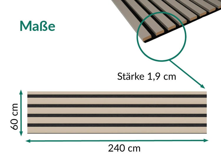 Technische Zeichnung der Maße eines Lamellenwandpaneels mit 240 Zentimeter Länge, 60 Zentimeter Breite und 1,9 Zentimeter Stärke.