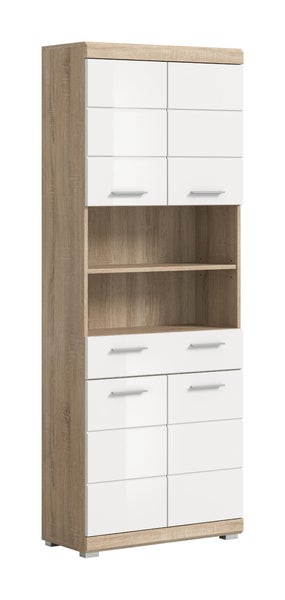 Highboard in Holzoptik mit Fronten in Weiß Hochglanz, Türen, offenen Regalfächern und Schubladen mit Metallgriffen.