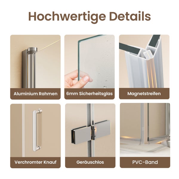 Detailansicht einer Duschkabine mit Aluminiumrahmen, sechs Millimeter Sicherheitsglas, Magnetstreifen, verchromtem Knauf, geräuschlosem Schloß und PVC-Band